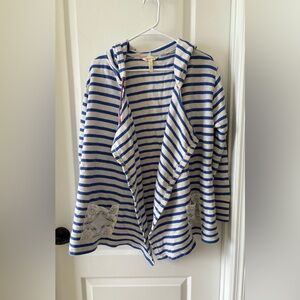 Matilda Jane Hooded Cardigan Women’s L Blue & White Striped Lace Patch Detail